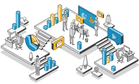 Marketing strategy, financial analytic company, agency working process in office, business people planning, analyzing statistics data, doing presentation, isometric 3d vector illustration, line art